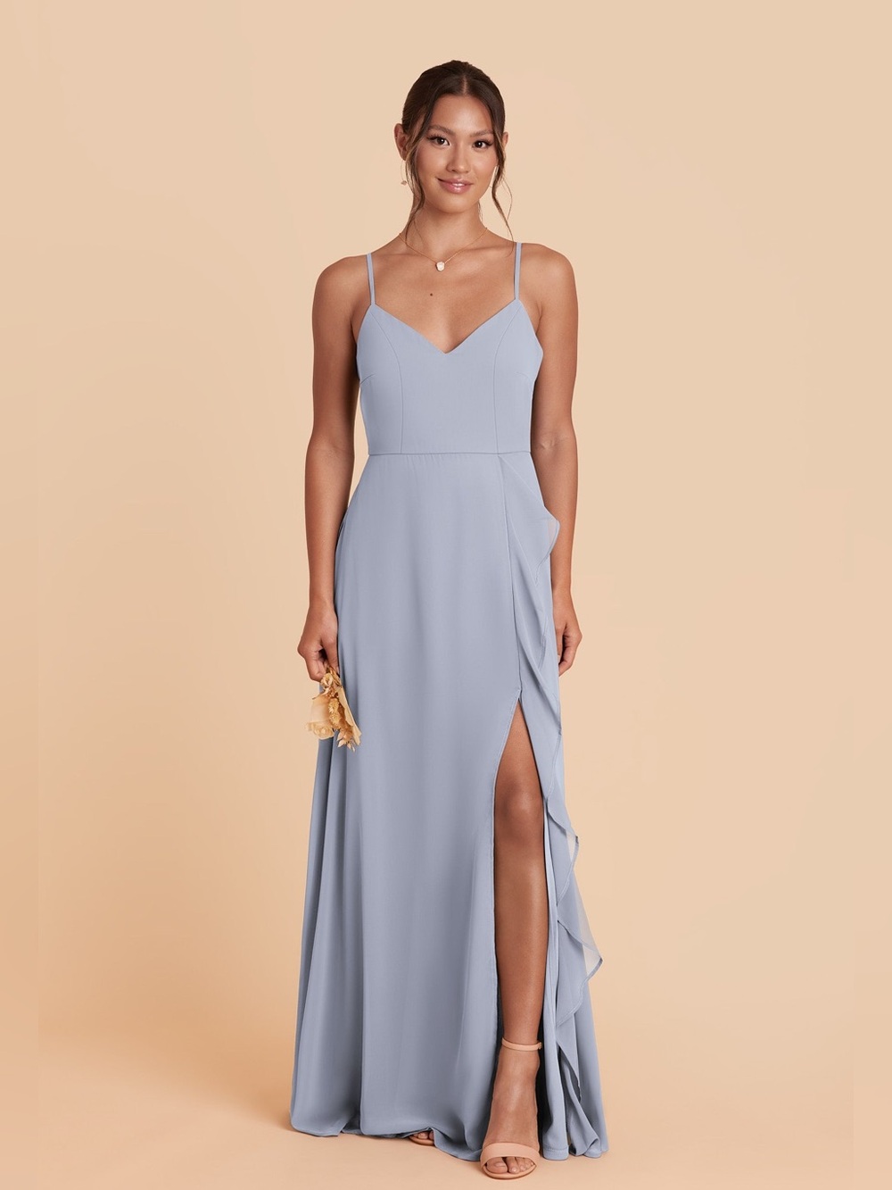 NWT Birdy Grey Dusty Blue Theresa Spaghetti Strap V-Neck Ruffle Slit Maxi Dress
